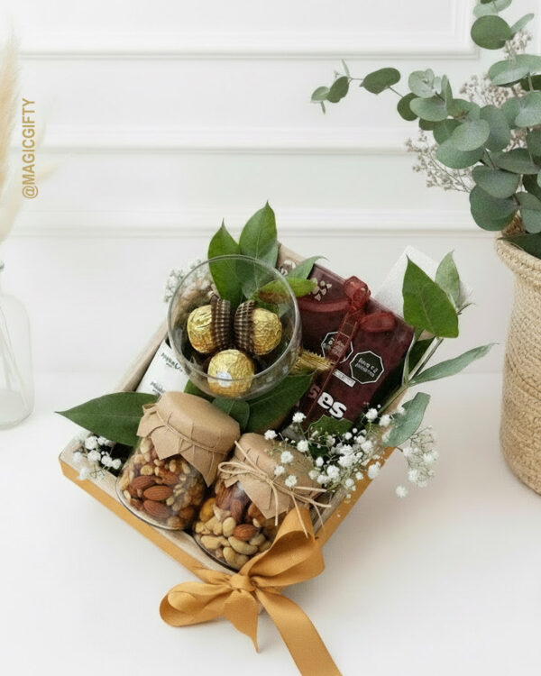 Gift tray con frutos secos y chocolates